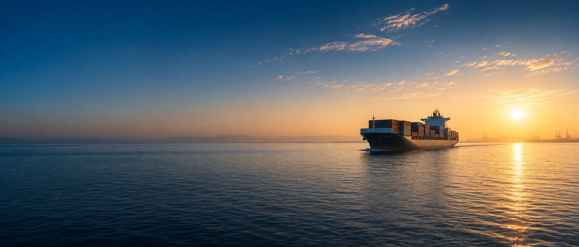 Container vessel crossing calm water at sunrise